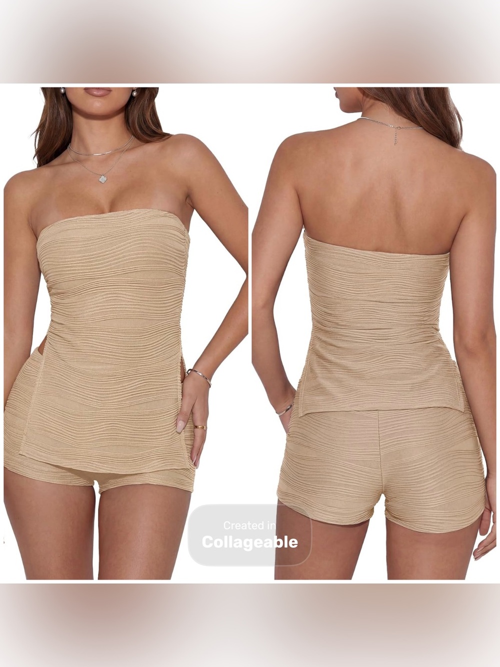 Strapless Textured Beige Tube Top & Shorts Summer Set